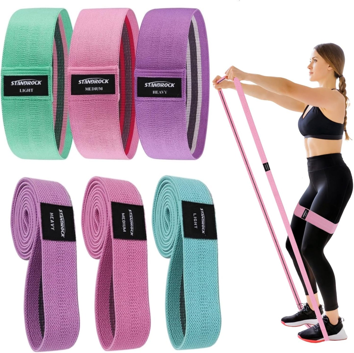 STANDROCK fabric resistance bands in pink, purple, and green for workout, with 3 and 4 levels, ideal for glutes and strength training.