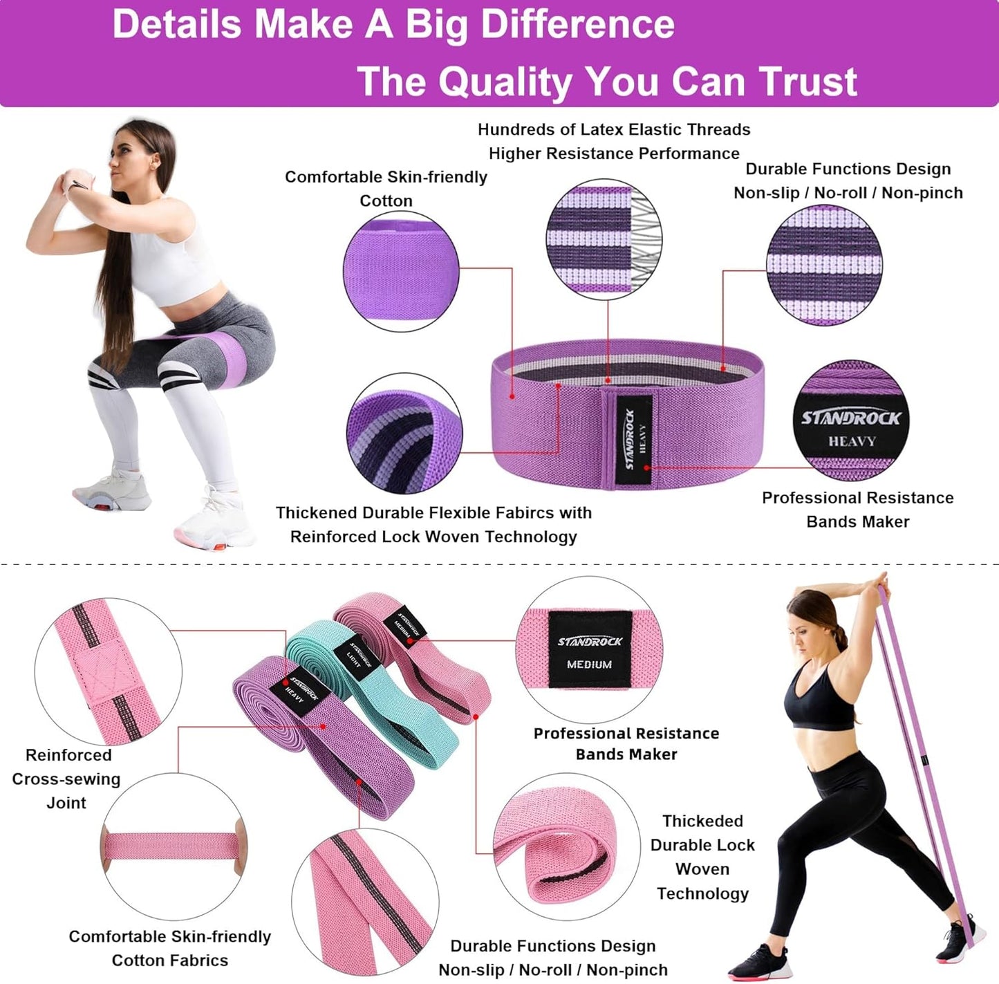 STANDROCK fabric resistance bands in pink, purple, and green, designed for workout and booty exercises for men and women.