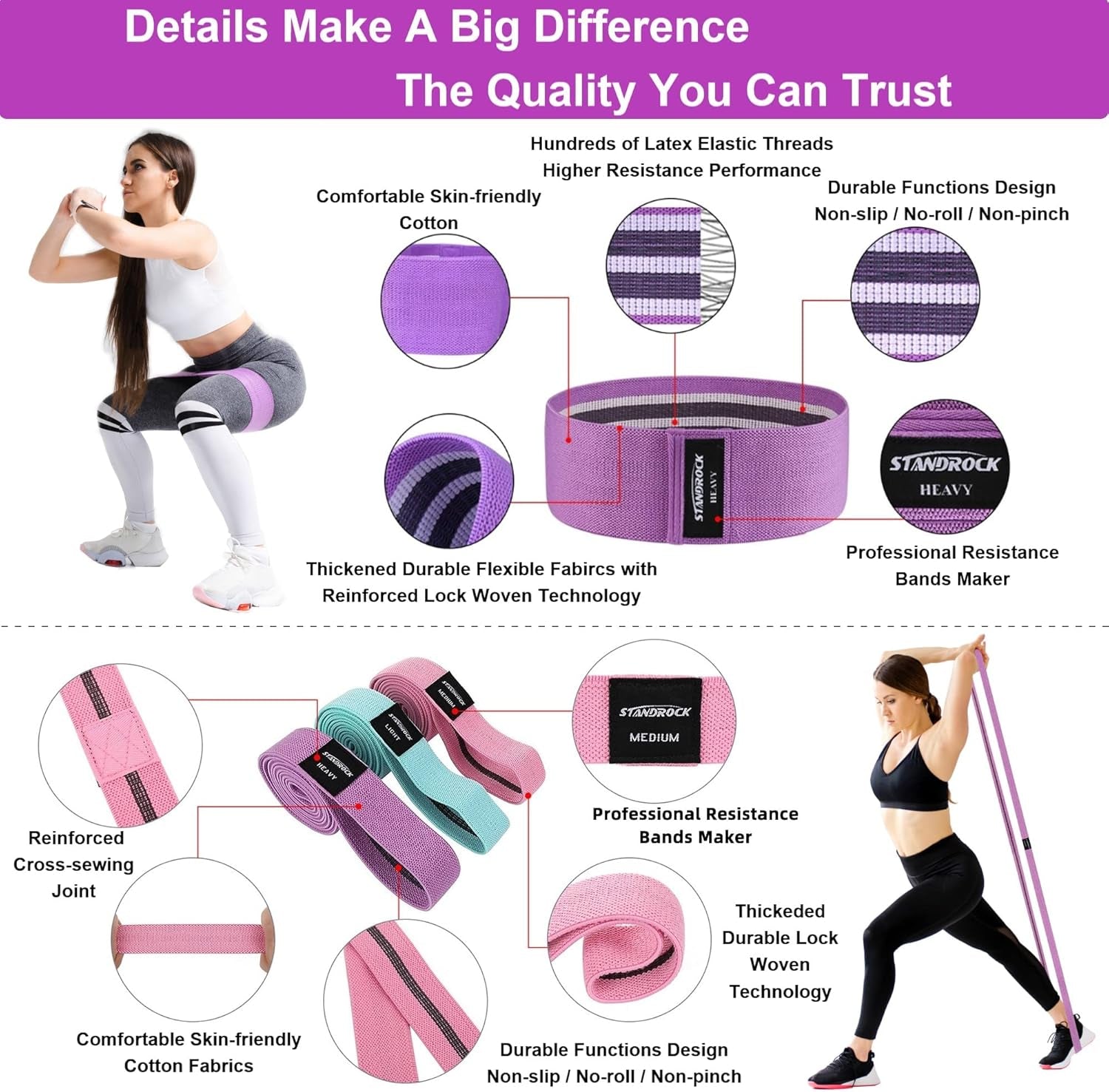 STANDROCK fabric resistance bands in pink, purple, and green, designed for workout and booty exercises for men and women.