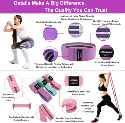 STANDROCK fabric resistance bands in pink, purple, and green, designed for workout and booty exercises for men and women.