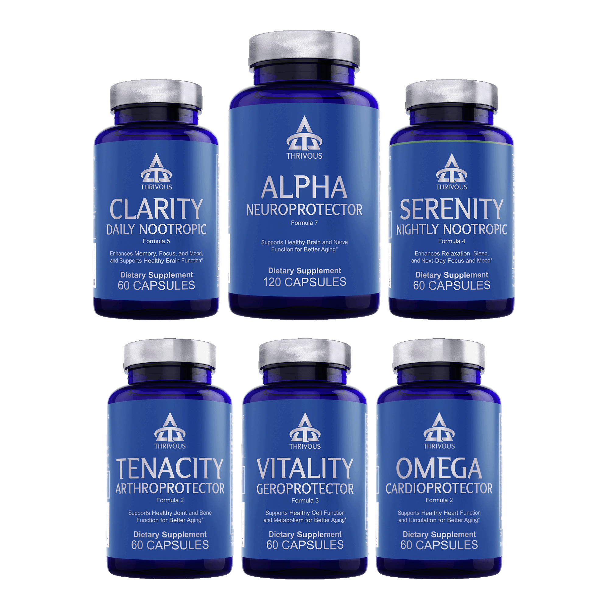 Image of Thrivous Stack, an active lifestyle supplement stack featuring six dietary supplement bottles.