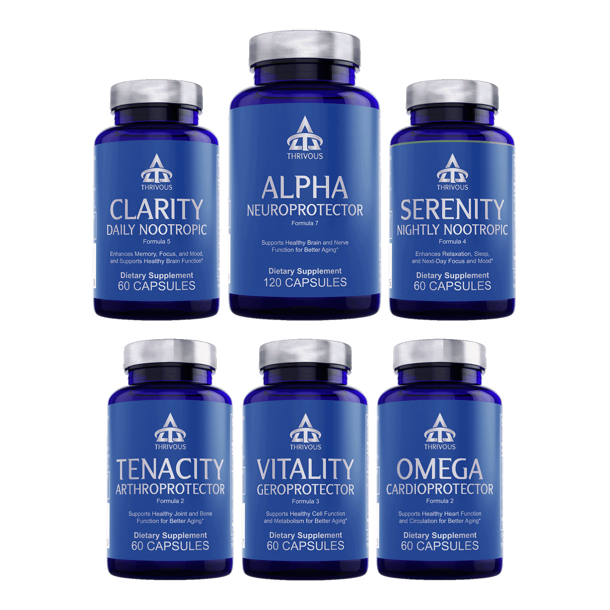 Image of Thrivous Stack, an active lifestyle supplement stack featuring six dietary supplement bottles.