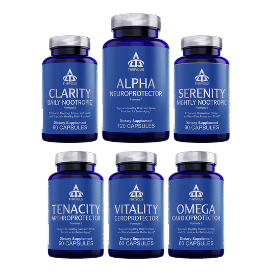 Image of Thrivous Stack, an active lifestyle supplement stack featuring six dietary supplement bottles.
