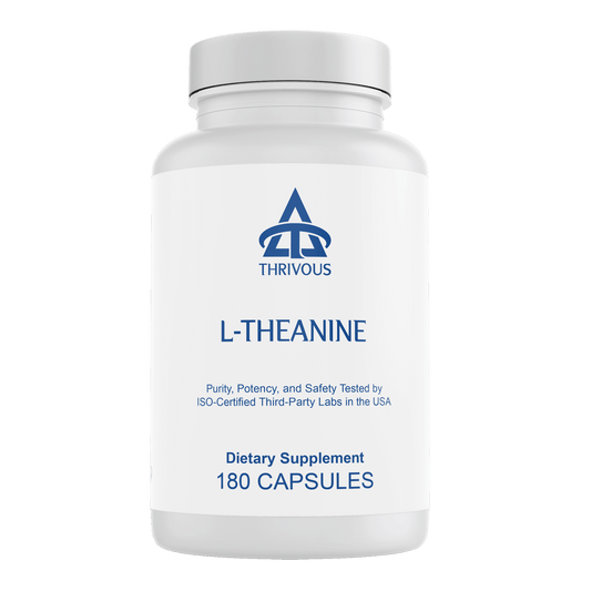 L-Theanine dietary supplement bottle containing 180 capsules, designed for a balanced lifestyle.