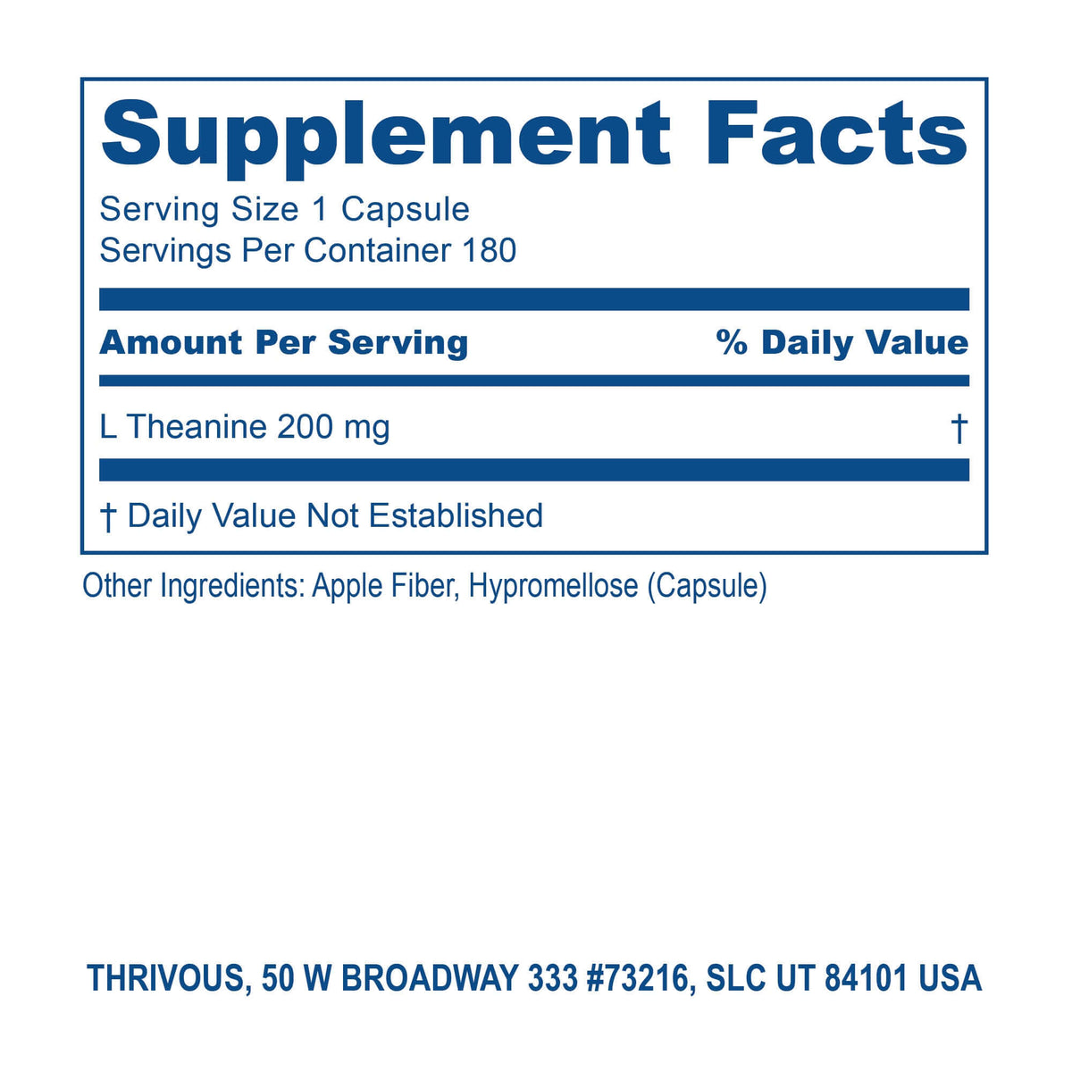 L-Theanine dietary supplement serving facts with dosage and ingredients for a balanced lifestyle.