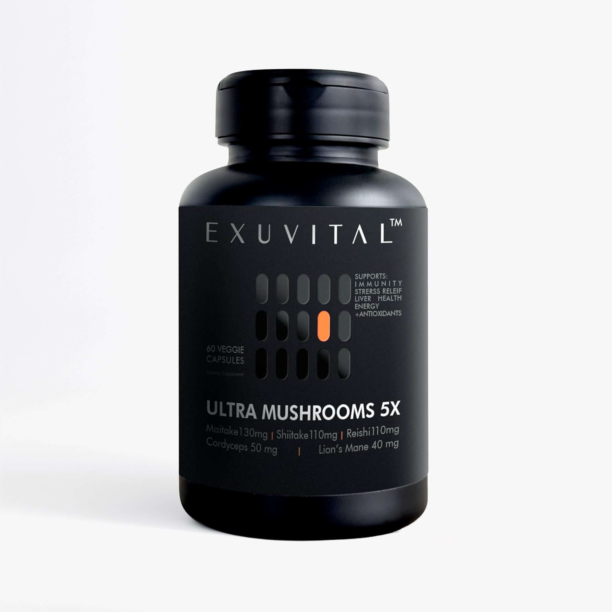 Ultra Mushrooms 5X dietary supplement bottle with 60 veggie capsules for immune support and stress relief.