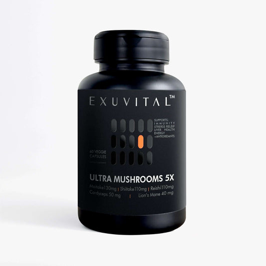 Ultra Mushrooms 5X dietary supplement bottle with 60 veggie capsules for immune support and stress relief.
