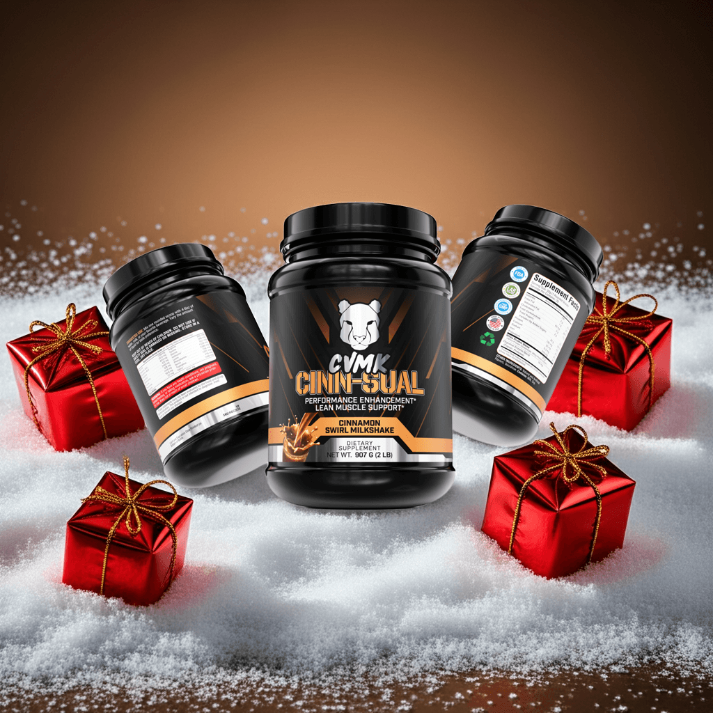 CINN-SUAL Protein, cinnamon protein powder for fitness, surrounded by gifts in snow.