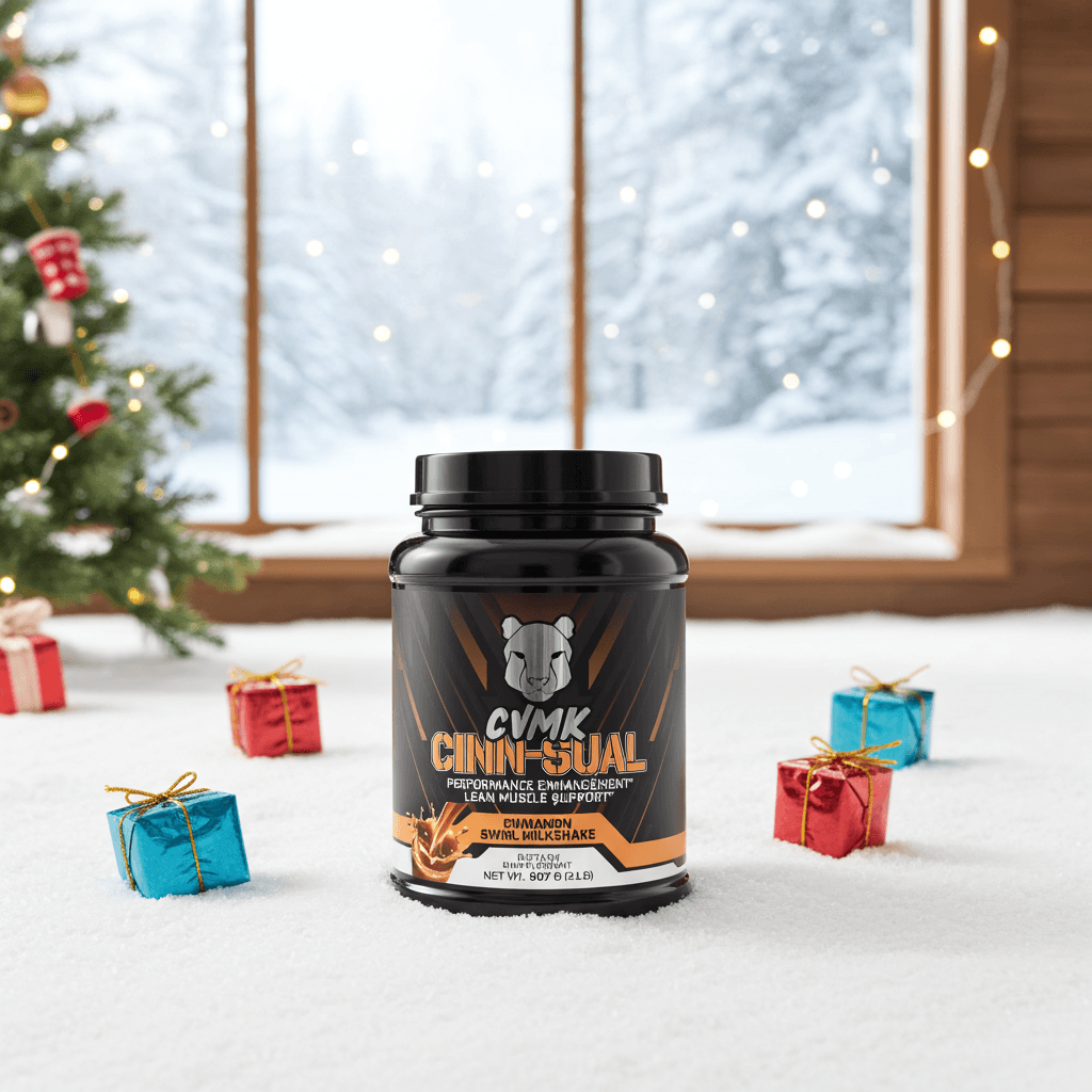 CINN-SUAL Protein, cinnamon protein powder for fitness, displayed amidst festive decorations.