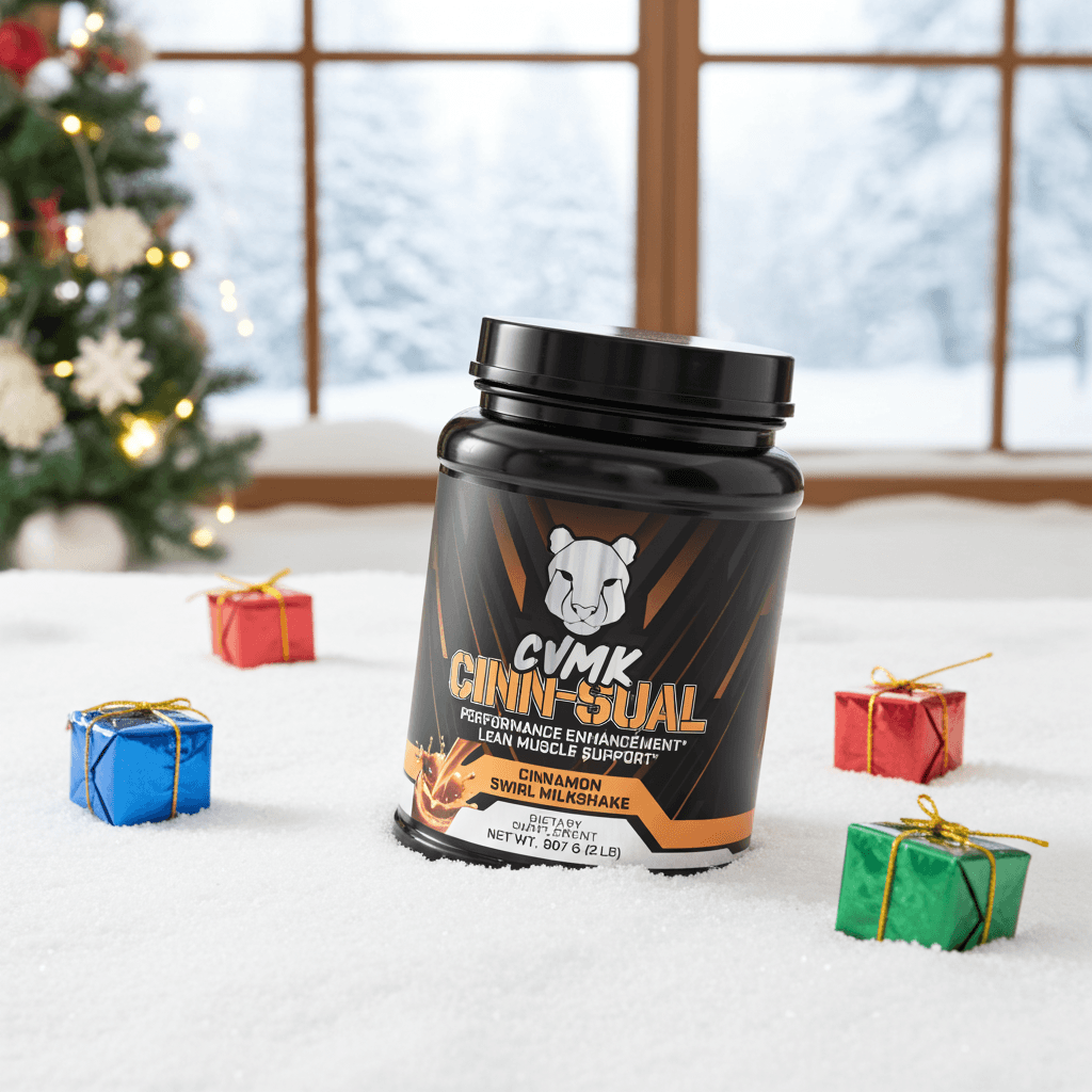 CINN-SUAL Protein cinnamon protein powder for fitness on snow with holiday decorations and gifts.