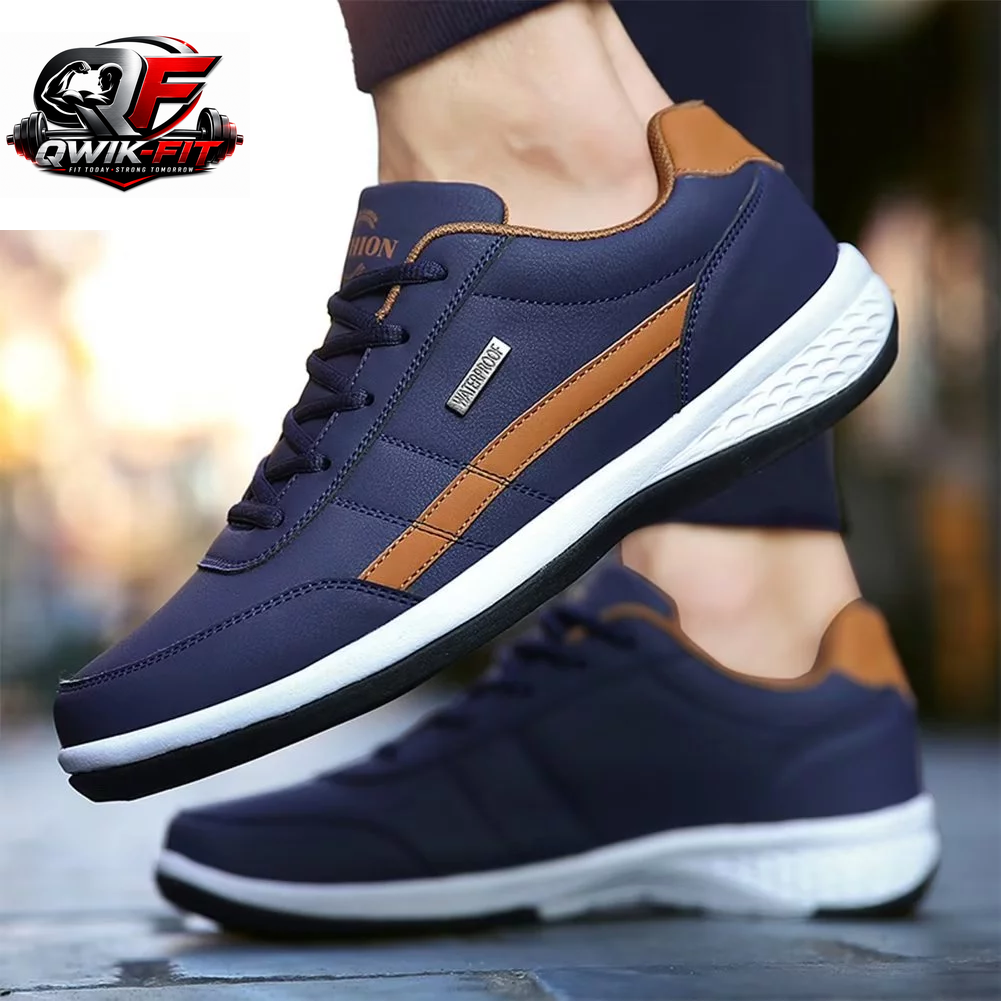 breathable casual leather running sneakers in navy and brown, designed for comfort and style for everyday wear.