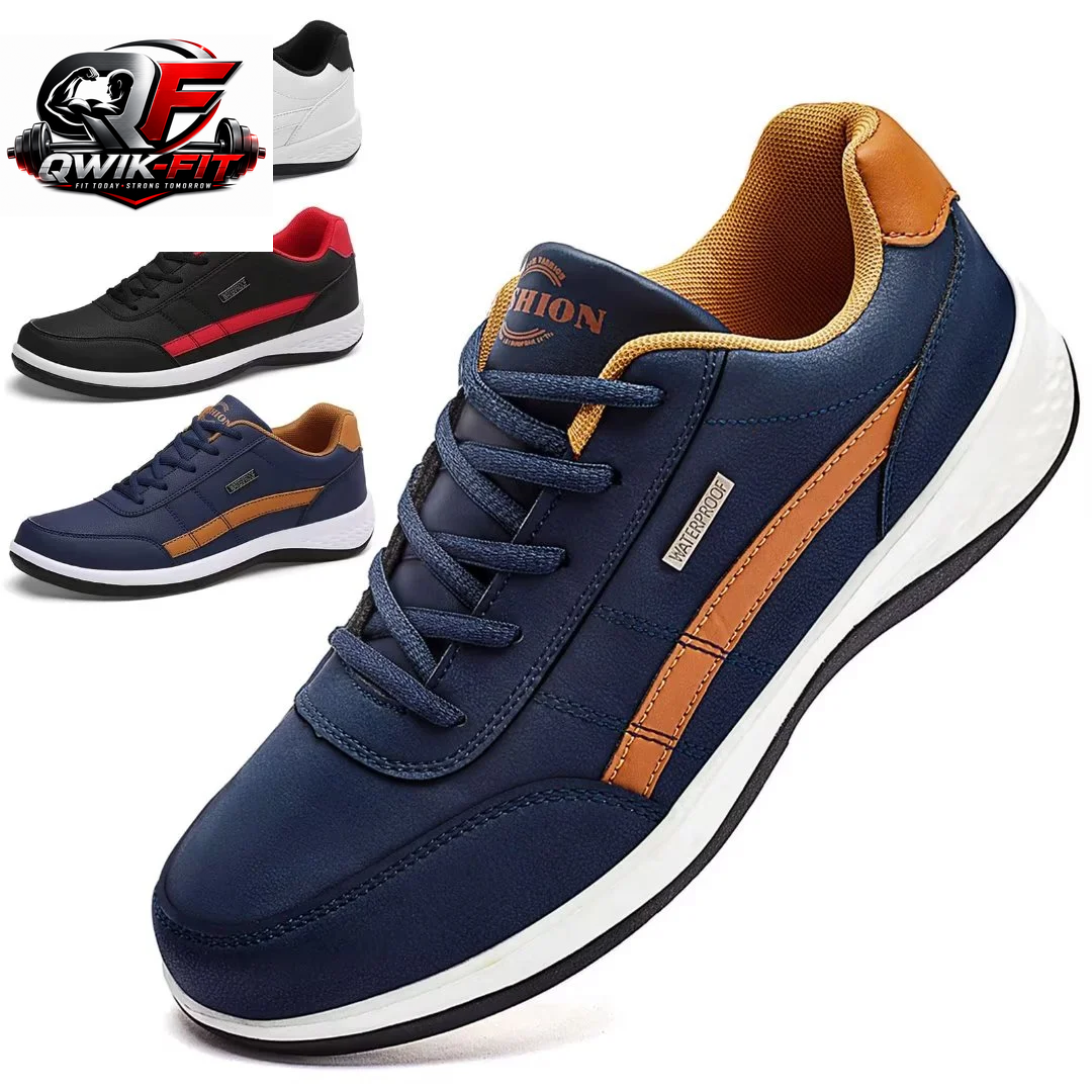 Breathable casual leather running sneakers in blue with orange accents, showcasing comfort and style for men.
