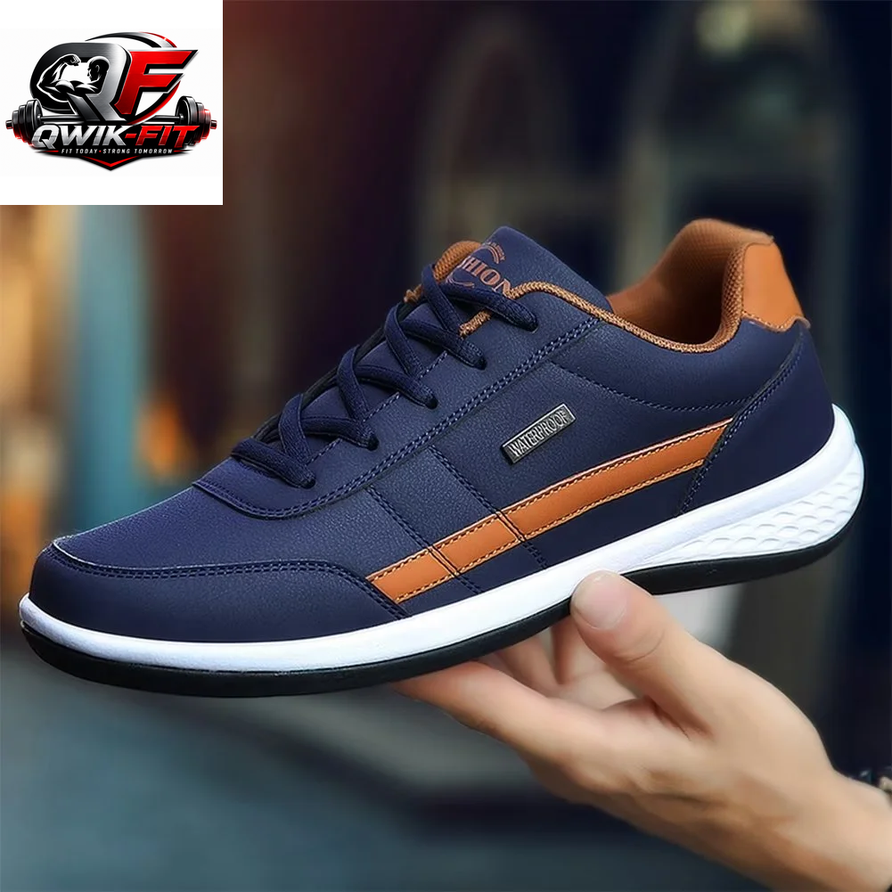 Breathable casual leather running sneakers in navy and orange, ideal for comfortable walking and versatile wear.