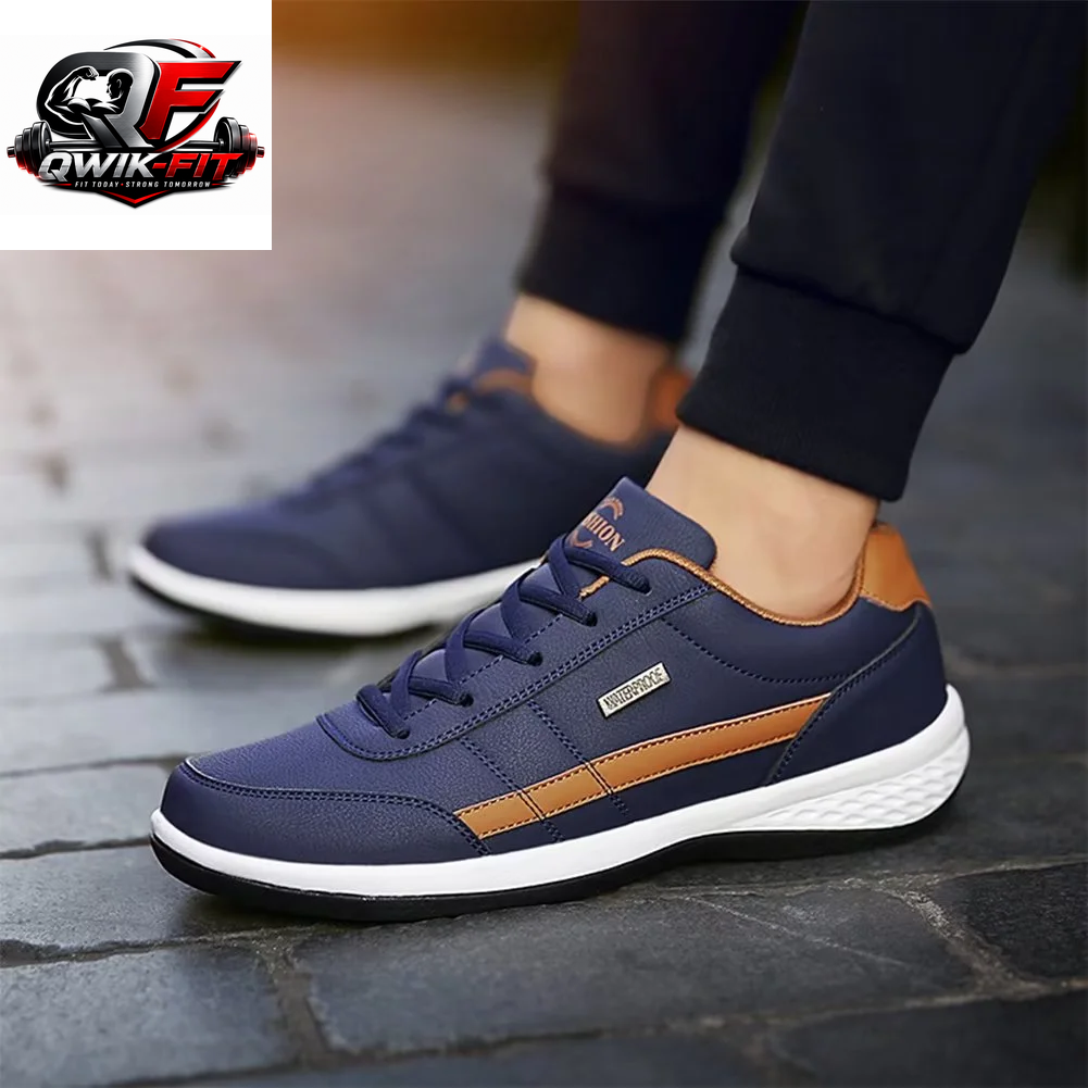 Mens breathable casual leather running sneakers featuring a stylish navy and brown design, perfect for casual outings.