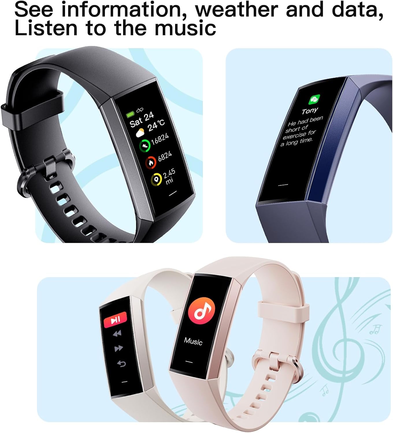 Yeforu fitness tracker with 1.1" AMOLED screen, heart rate, blood pressure, pedometer, sleep, and activity monitoring for women and men.