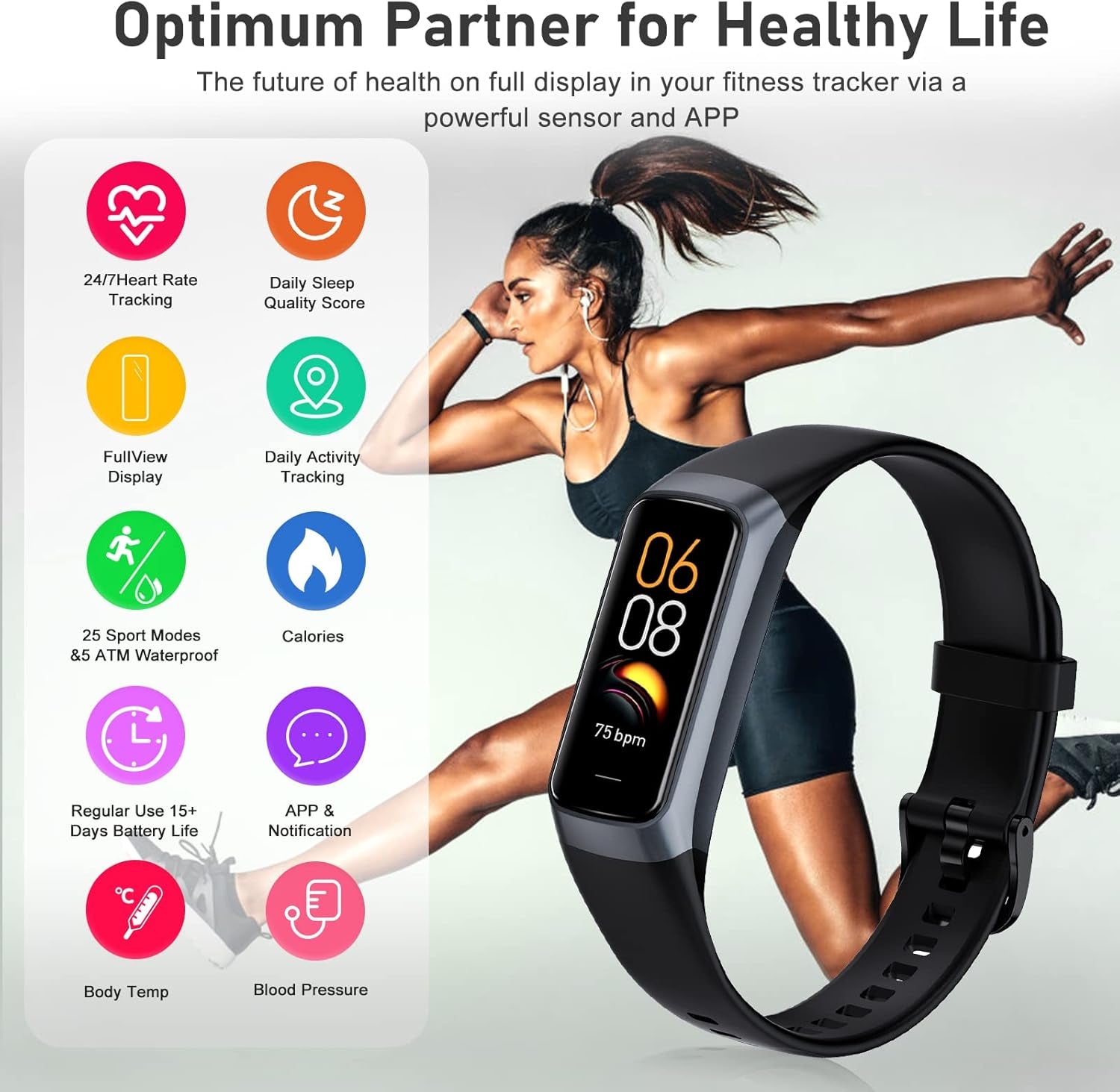 Zeacool fitness tracker smartwatch showing heart rate, blood oxygen, blood pressure, sleep monitor, and activity stats in black.