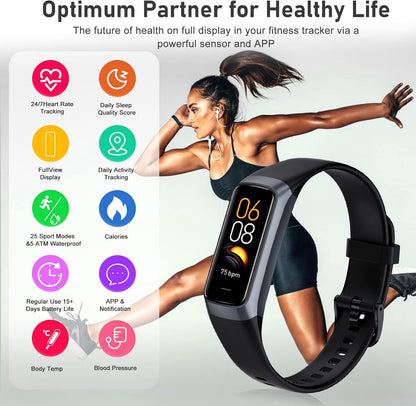 Zeacool fitness tracker smartwatch showing heart rate, blood oxygen, blood pressure, sleep monitor, and activity stats in black.