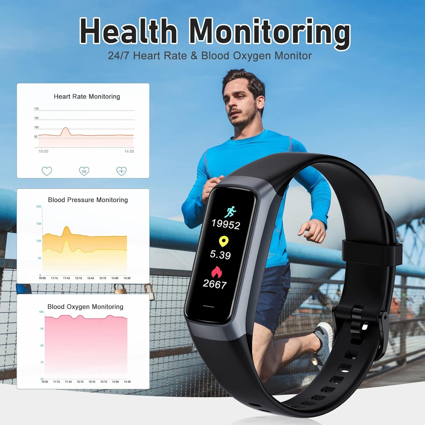 Zeacool fitness tracker smartwatch displaying heart rate, blood oxygen, blood pressure, and activity stats on a black band.
