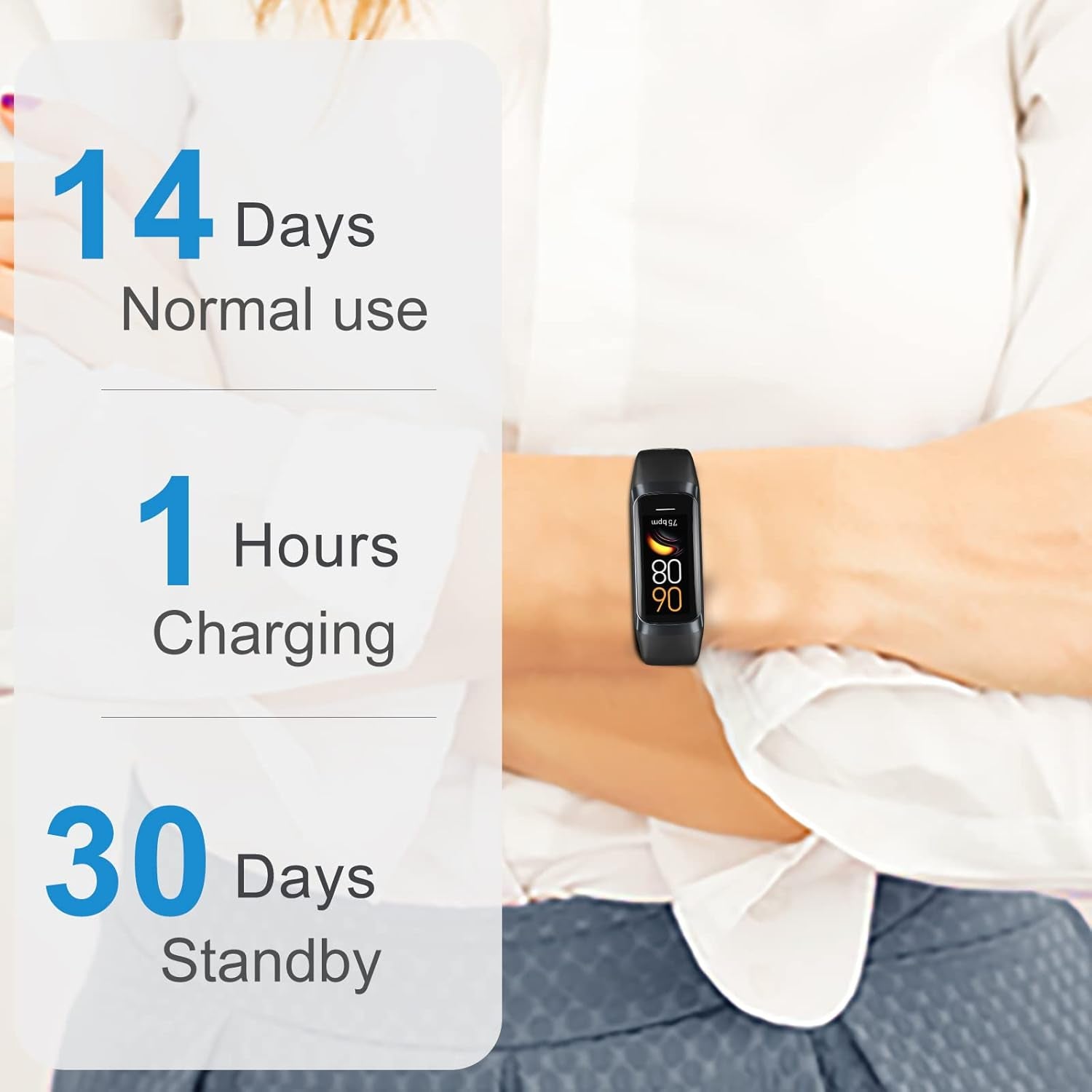 Zeacool fitness tracker smartwatch displaying heart rate, blood oxygen, blood pressure, sleep, and activity stats on a black band.
